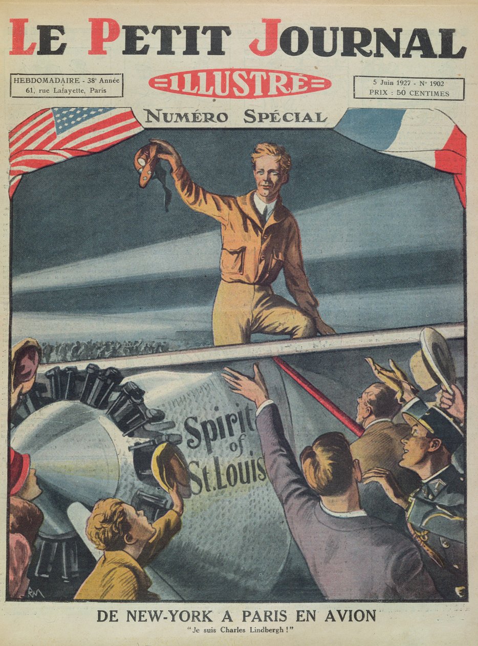 Överste Charles Lindbergh (1902-74) vid sin ankomst till Le Bourgets flygplats efter den första transatlantiska flygningen från New York till Paris den 21 maj 1927, omslag till Le Petit Journal, 5 juni 1927 (kol. av French School