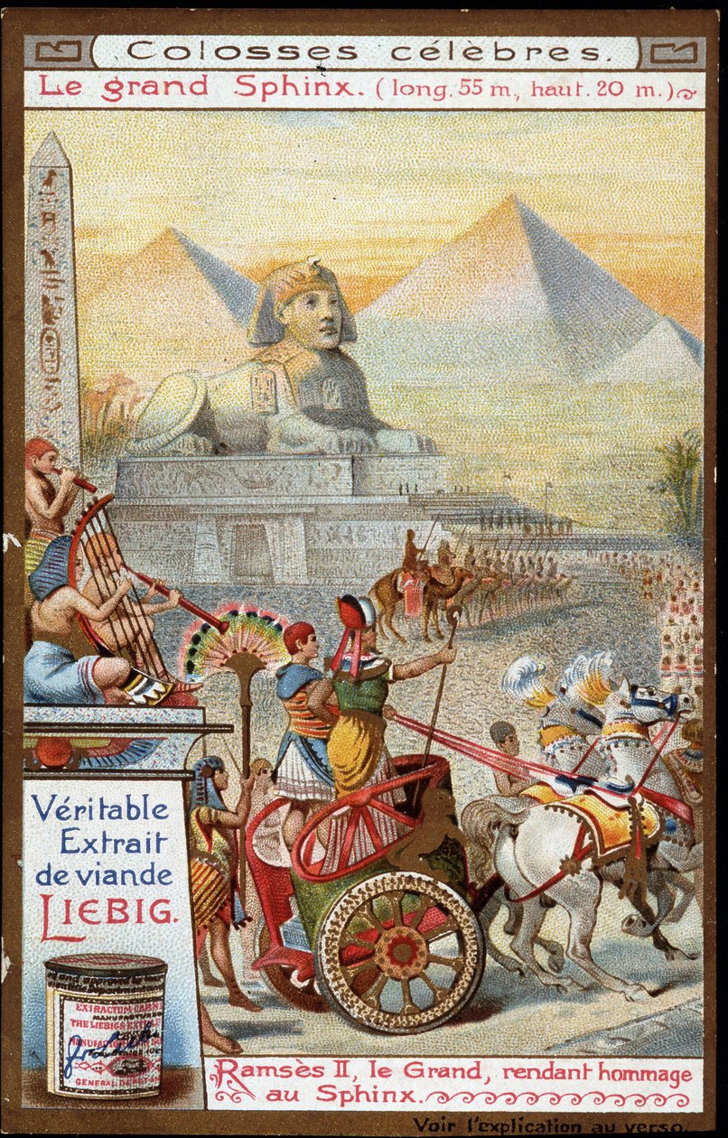 Berömd koloss: den stora sfinxen (lång 55 m, hög 20 m): Ramses II, den store, hyllar sfinxen - Liebig kromolitografi av French School