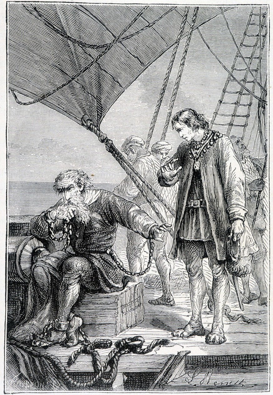 Columbus bunden som skurk (på fartygsdäck), ill. "" Discovery de la Terre"" av Jules Verne, red. Hetzel, n.d. 19:e. av French School