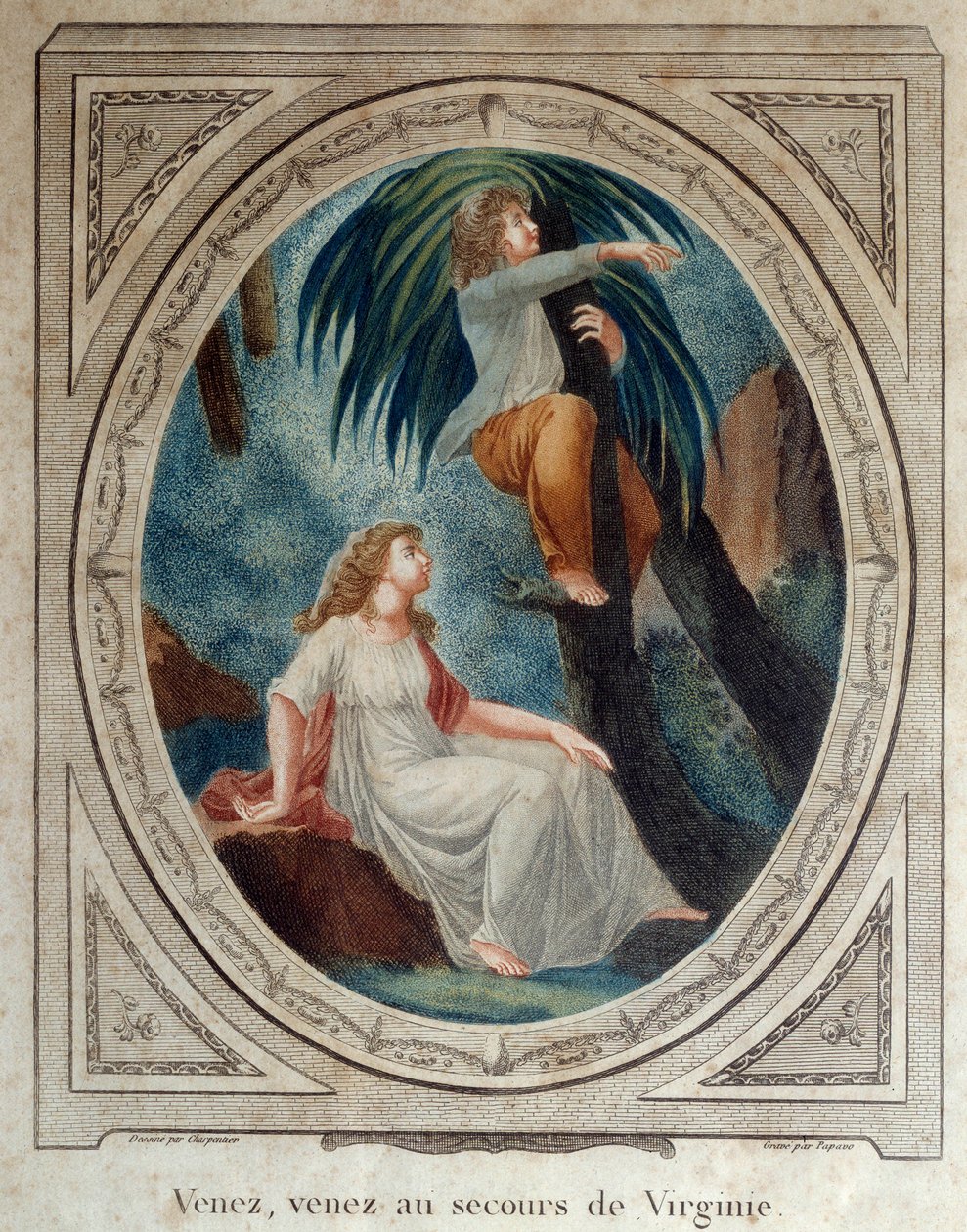 Kom igen, hjälp Virginia. Illustration till romanen "Paul and Virginie" av Bernardin de Saint Pierre (1737-1814). Gravyr från 1790. La Rochelle, New World Museum av French School