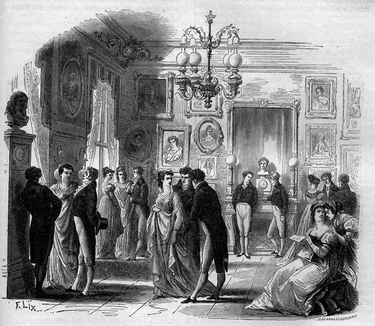 Comedie Francaise: utsikt över konstnärernas foajé med komikerna Francois-Joseph (Francois Joseph) Talma (1763-1826) och Anne Boutet, dit Mademoiselle Mars (1779 - 1847), fransk komiker. Gravyr från 1867-1868. av French School