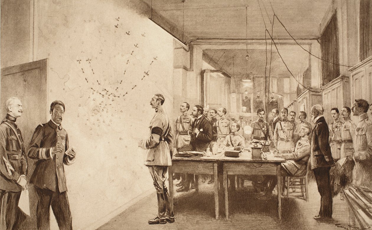 Kommendant och stab vid det franska luftfartsdepartementet som markerar framstegen för en Gotha-räd mot Paris, 1914-19 av French School