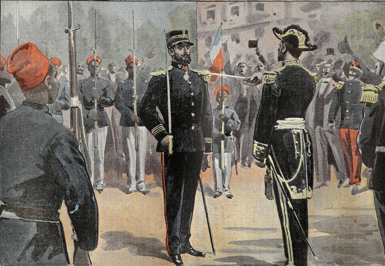Kommendör Jean-Baptiste Marchand (1863-1934) tog emot slipsen av befälhavare för Hederslegionen den 30 maj 1899 i Toulon, från händerna på amiral de La Jaille (1836-1925), omringad senegalesiska ryttare av det afrikanska utforskningsuppdraget (Uppdragsmars av French School