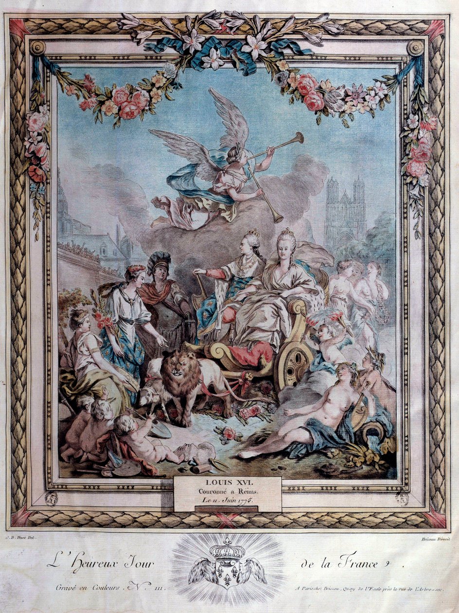 Åminnelse av kröningen av Ludvig XVI (1754-1793) i Reims den 11/06/1775. Gravyr. Paris. Arsenals bibliotek av French School