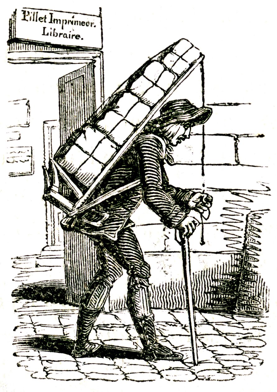 Commissionaire (kurir) på 1800-talet lämnar bokhandlaren Pillet i Paris, bärande en last av böcker på ryggen av French School
