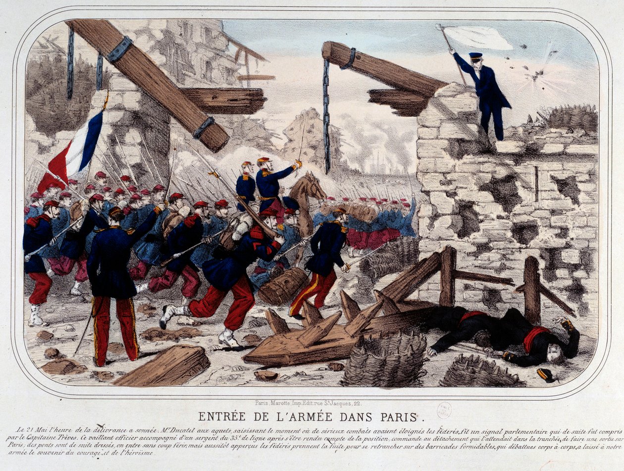 Commune de Paris: Versaillaise-arméns inträde i Paris. Gravyr 1871. Paris, Musee Carnavalet av French School
