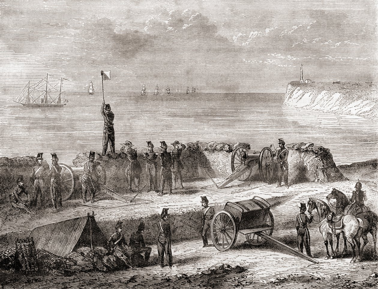 Kommunikation mellan ett fartyg som anlöper hamn och de landsatta trupperna med hjälp av flagg-semafor-telegrafisystemet, från Les Merveilles de la Science, publicerad ca 1870 (gravyr) av French School