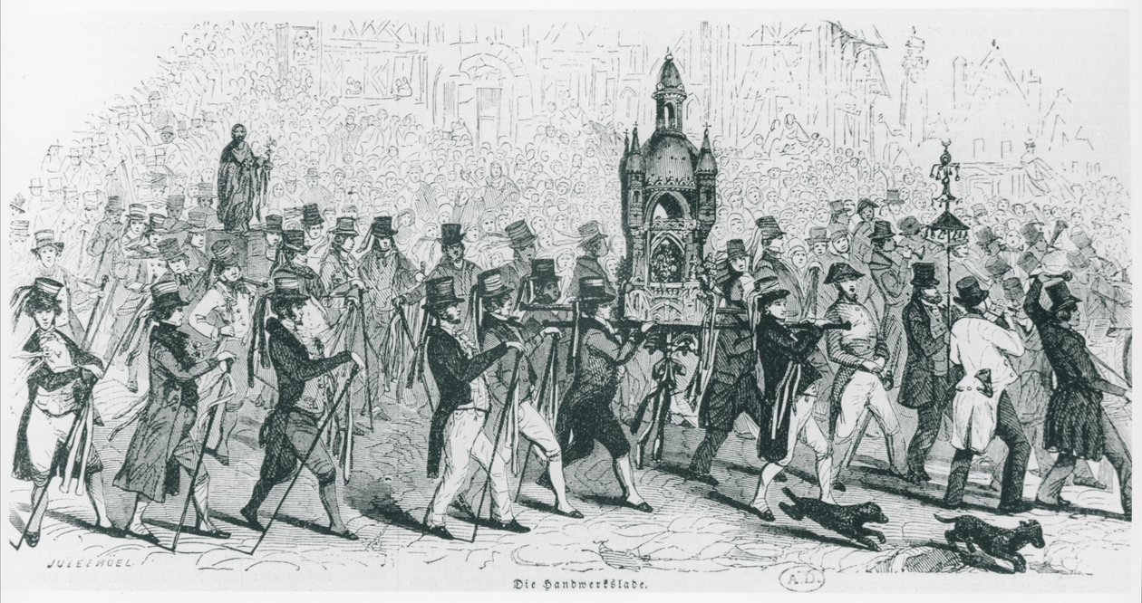 Följeslagare i Tour de France firar, ca. 1845 (gravyr) (s/v foto) av French School