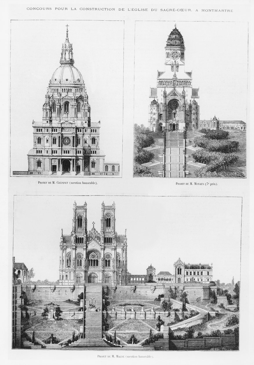 Tävling om byggandet av basilikan Sacré-Coeur i Montmartre, mönster av Monsieur Crépinet, Monsieur Moyaux och Monsieur Magne, 1875 av French School