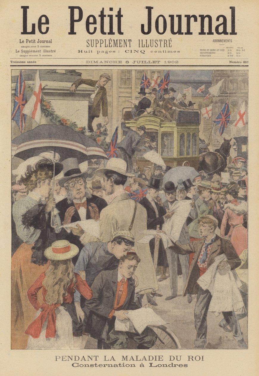 Oro i London över kung Edward VII:s sjukdom (färglitografi) av French School