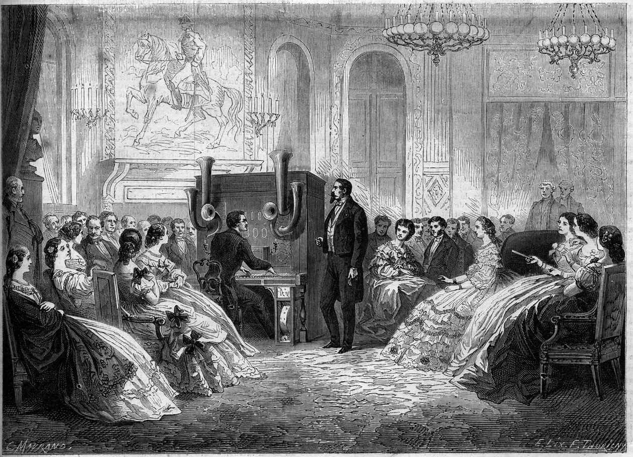 Konsert med "elektromotororkester för piano", av dess uppfinnare J.B. Schalkenbach, i närvaro av Napoleon III och Impress Eugenie de Montijo. Palais de Saint Cloud av French School