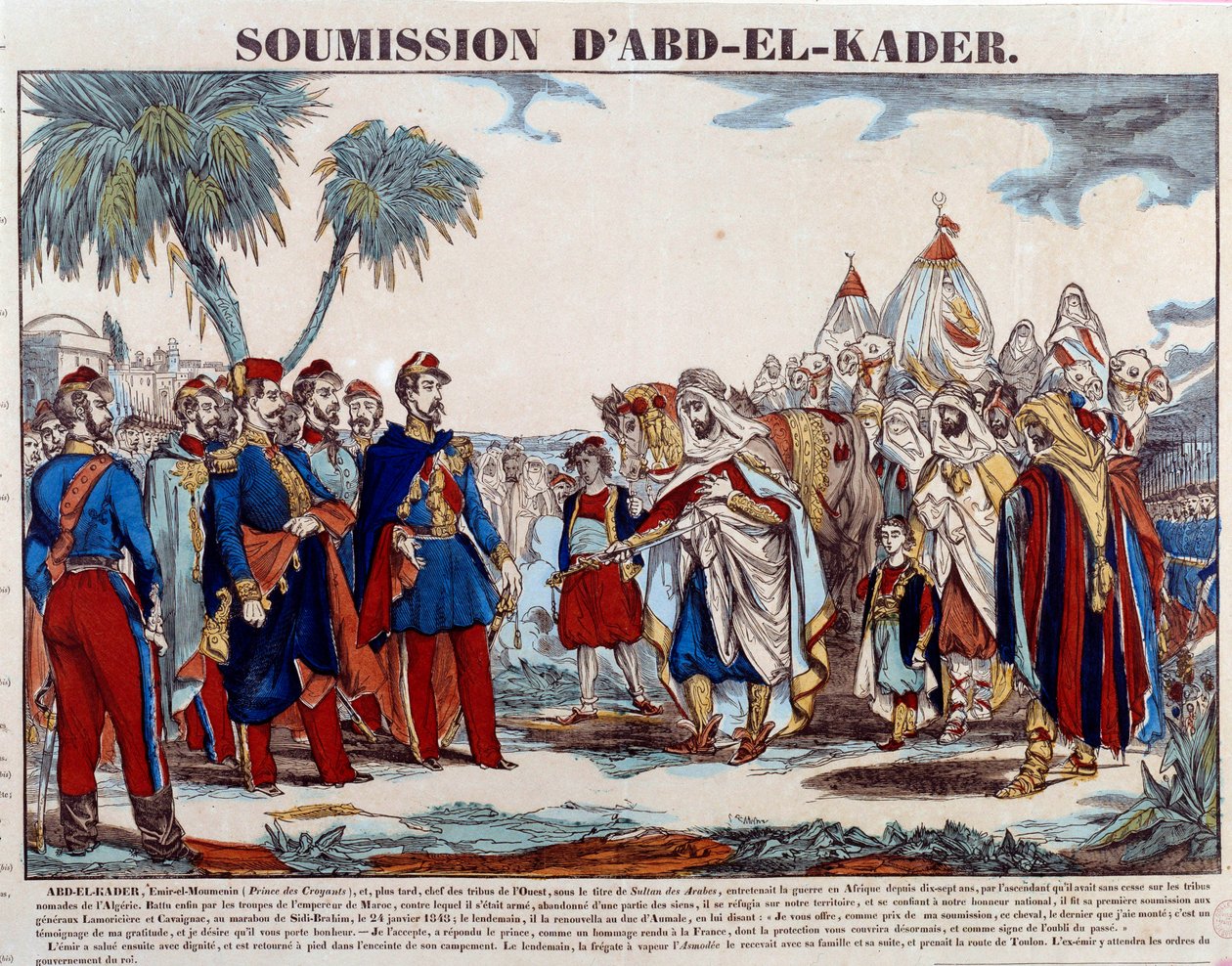 Erövring av Algeriet (1830-1847): Abd el Kader (Abd-el-Kader eller ibn Muhyi al-Din al-Hasani) (1807-1883) underkastade hertigen av Aumale och den franska armén den 24/01 /1848. Gravyr av privatsamlingen från slutet av 1800-talet av French School