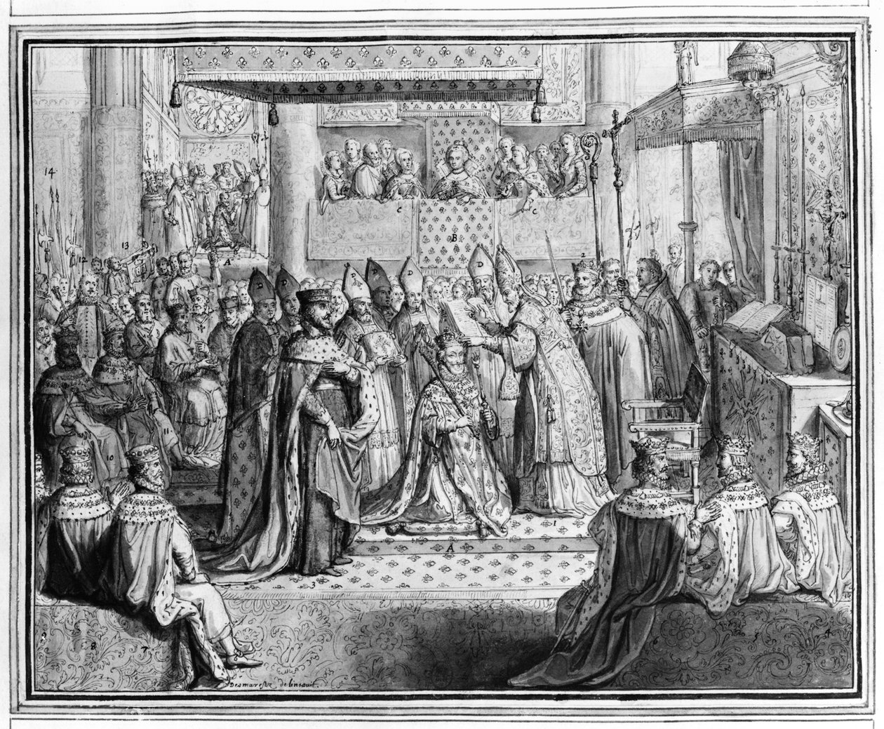 Henri IV:s (1553-1610) vigning och kröning i katedralen i Chartres den 27 januari 1594, sent 1500-tal (detalj) (se även 207725) av French School
