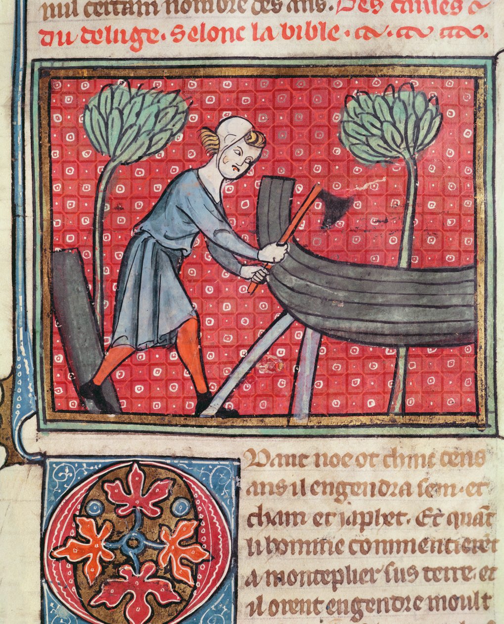 Konstruktion av en båt, från Bible Historiale av Guiart des Moulins av French School