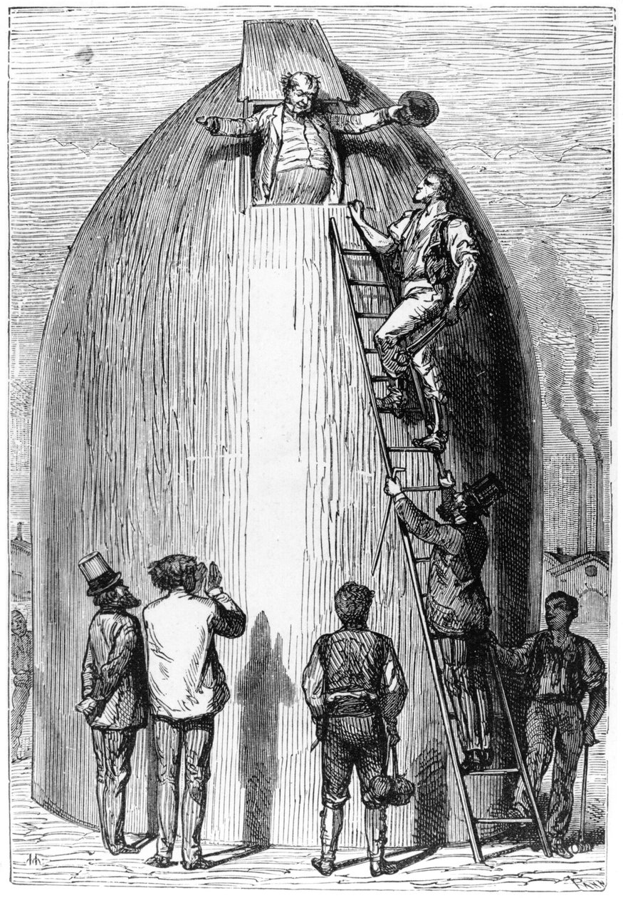Konstruktion av en raket, illustration från Från jorden till månen av Jules Verne (1828-1905) Paris, Hetzel, publicerad 1865 av French School