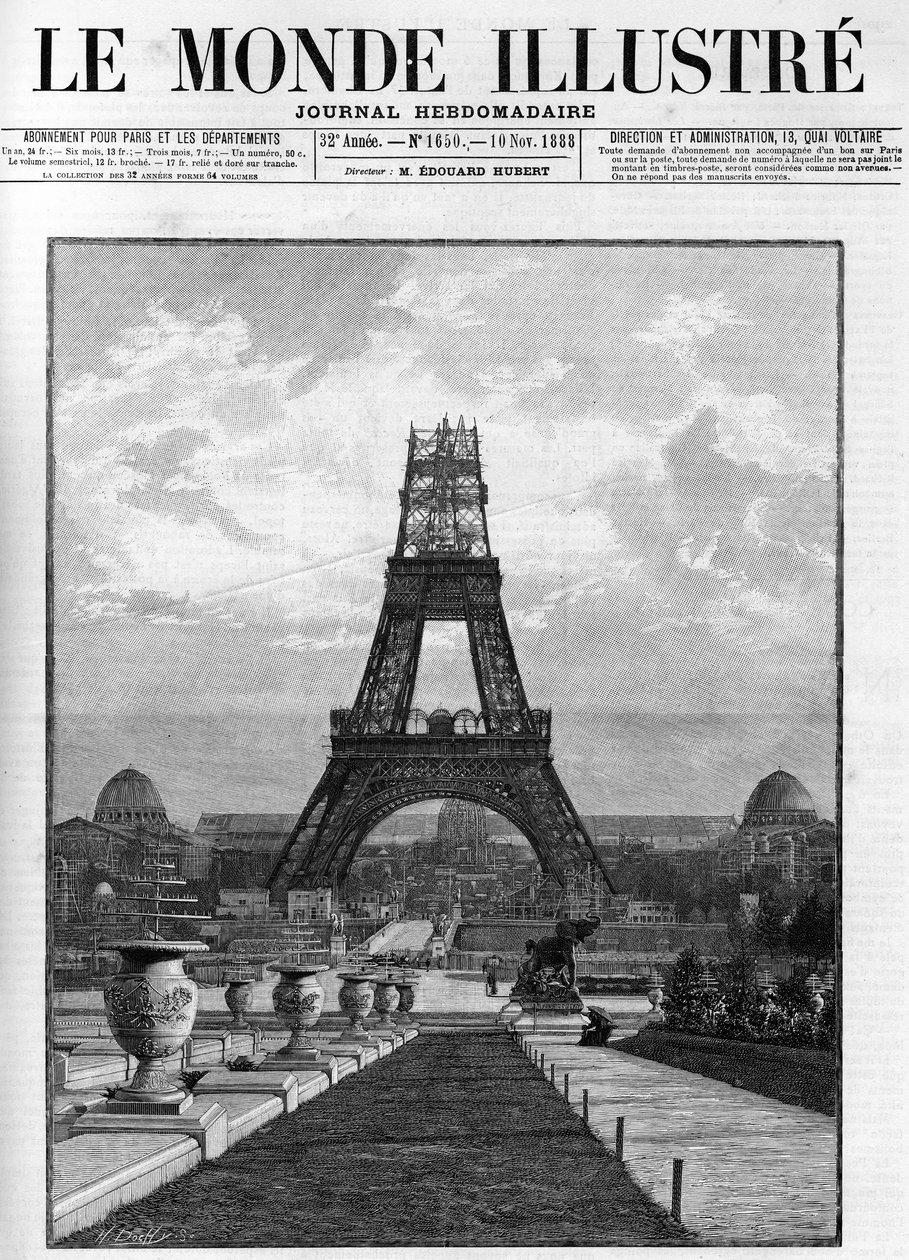 Byggandet av Eiffeltornet (176 meter) 1888 i Paris. av French School