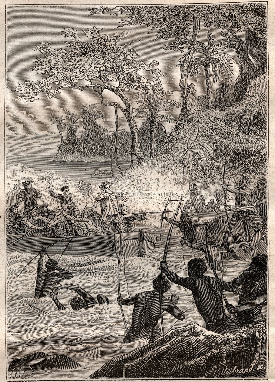 Fortsättning med pilar: Resa av Philip Carteret eller Philippe de Carteret (1733-1796) på öarna Santa Cruz, Notemely till ön Nendo (Santa Cruz, Ndeni, Nitendi eller till och med Ndende), 1767 - illustration hämtad från "The Great Mariners of the 18 av French School