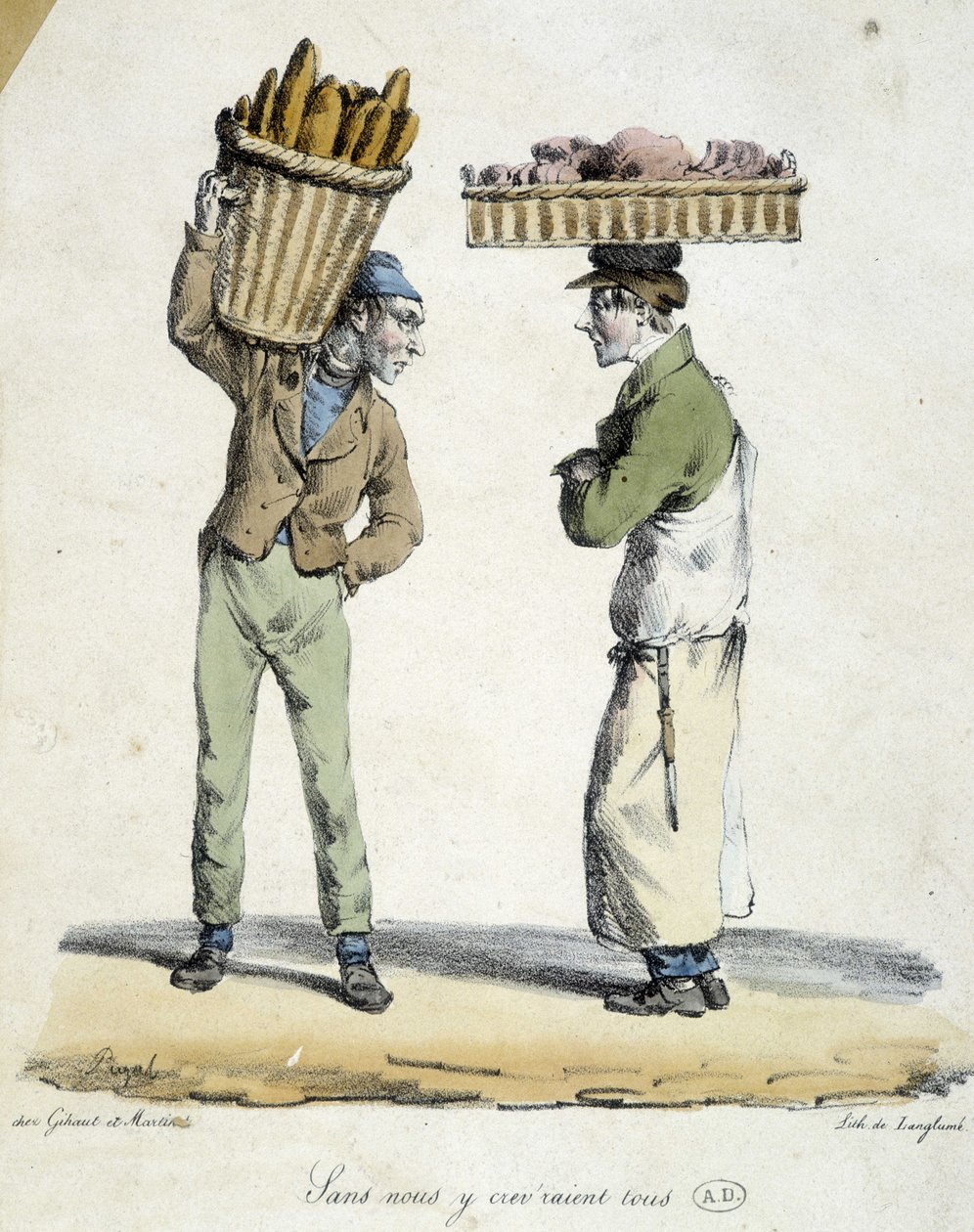 Samtal mellan en bagare och en delikatessbutik: ”Utan oss skulle vi alla dö! "". Gravyr av 1800-talet. av French School