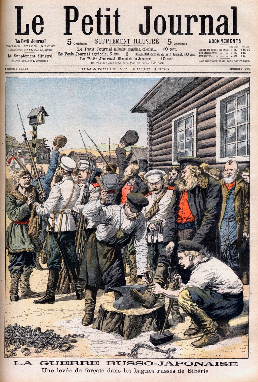 Fångar i Sibirien värnpliktiga att slåss i det rysk-japanska kriget. rysk-japanska kriget. En ökning av forcats i de ryska bagnes i Sibirien. Illustration för Le petit Journal, 27 augusti 1905. av French School