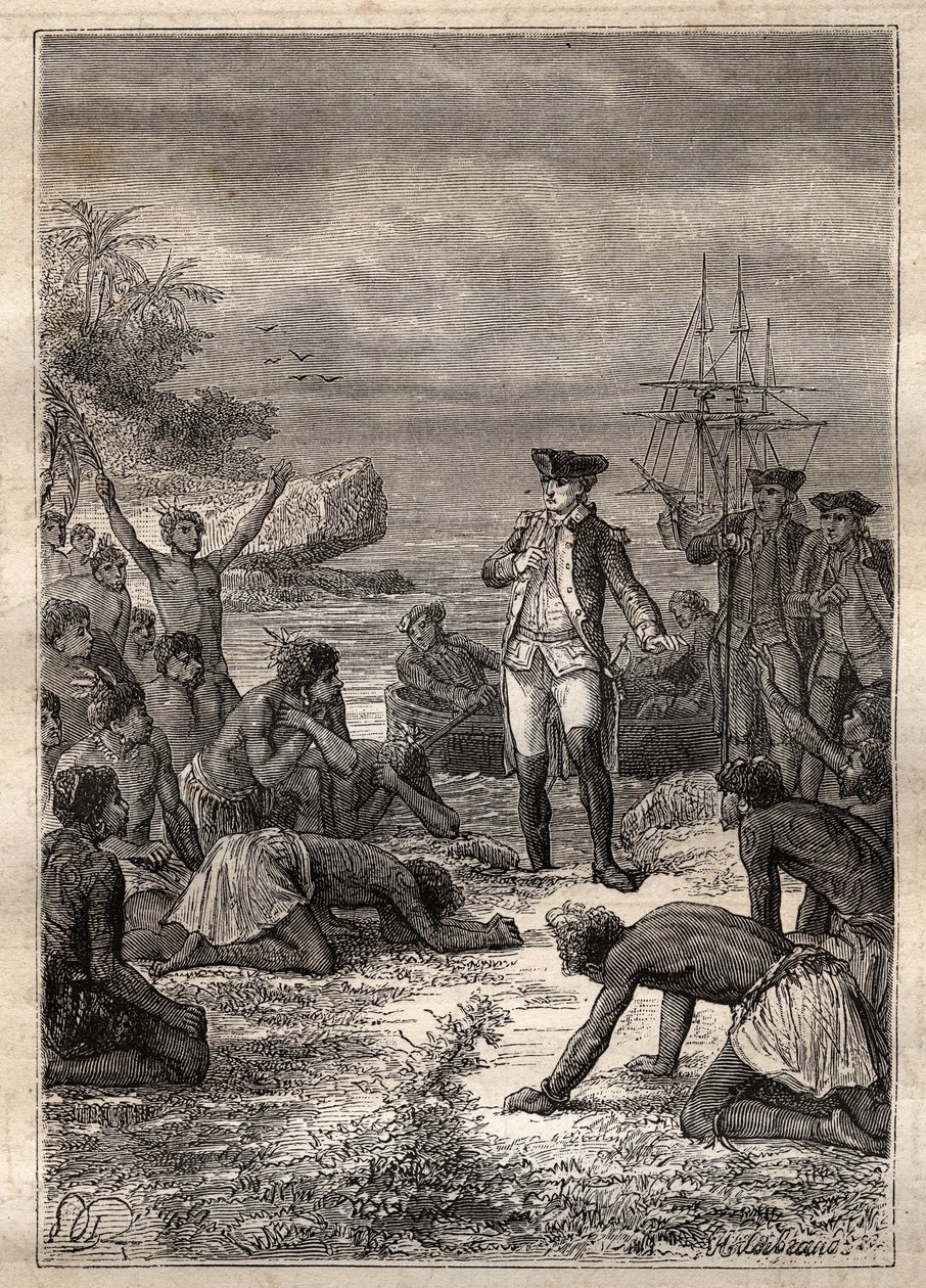 Cooks mottagning av de infödda - James Cooks tredje resa - Cook välkomnad av de infödda - James Cooks tredje resa i Stilla havet - illustration hämtad från "The Great Mariners of the 18th century" av Jules Verne av French School