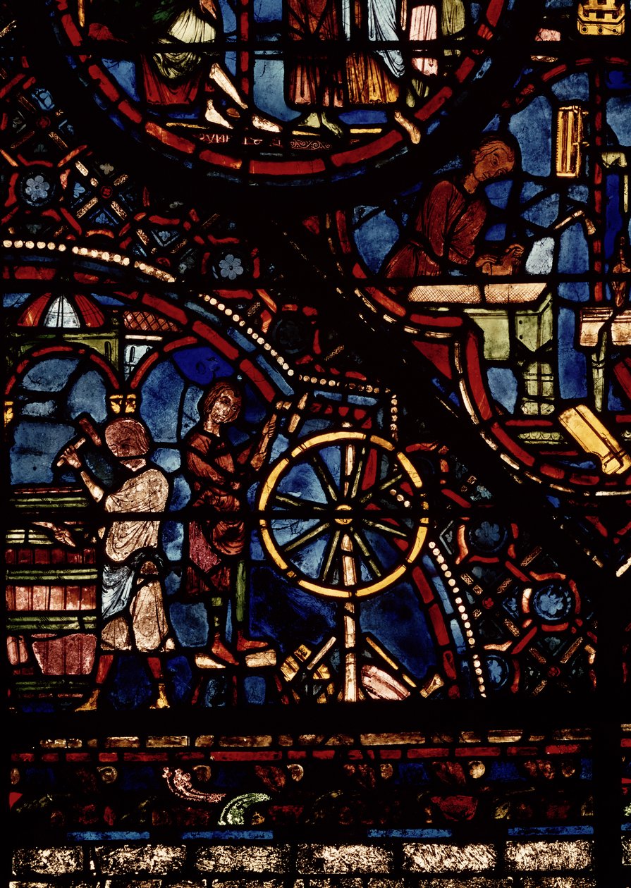 Coopers på jobbet, detalj från Life of St. Julian the Hospitaller-fönstret i norra ambulatoriet av French School
