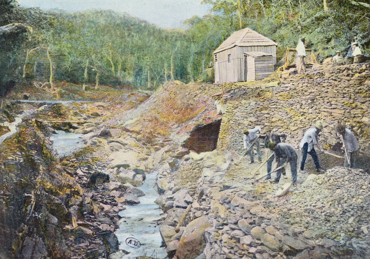 Kopparbrytning i Nya Kaledonien, graverad av Gillot, sent 1800-tal av French School