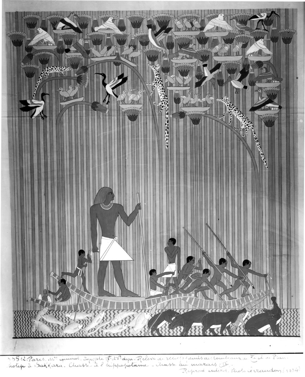 Kopia av en egyptisk målad relief föreställande fiske och harpunerande flodhäst, från Tomb of Ti och Ptah-Hotep i Saqqara, 5:e dynastin, Gamla kungariket av French School