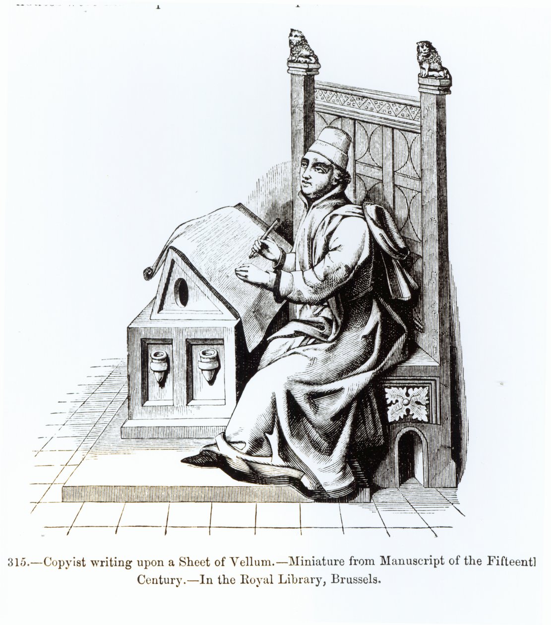 Copyist Writing on a Sheet of Vellum, från ett manuskript, illustration från vetenskap och litteratur under medeltiden och renässansen, skriven och graverad av Paul Lacroix, 1878 (bw p. av French School