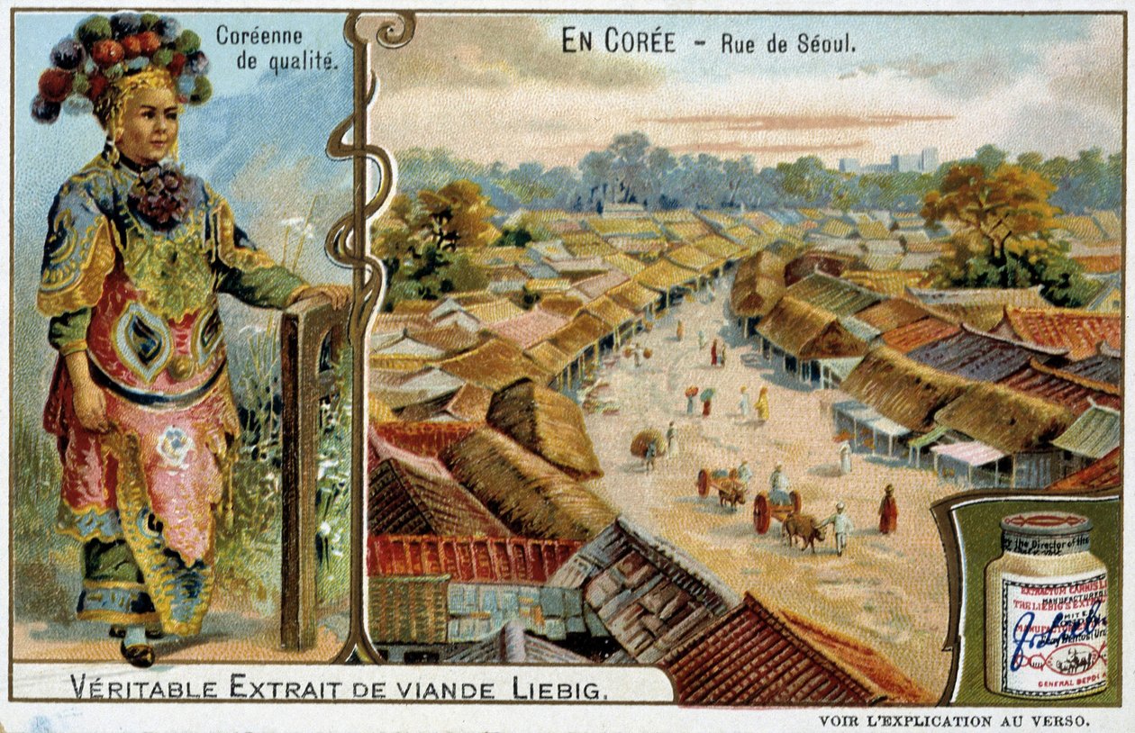 Coree: Seoul Street och kvinnlig kostym - chromo Liébig, v.1900 av French School