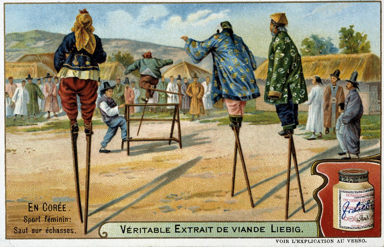 Coree: kvinnlig sport att hoppa på styltor - chromo Liébig, v.1900 av French School