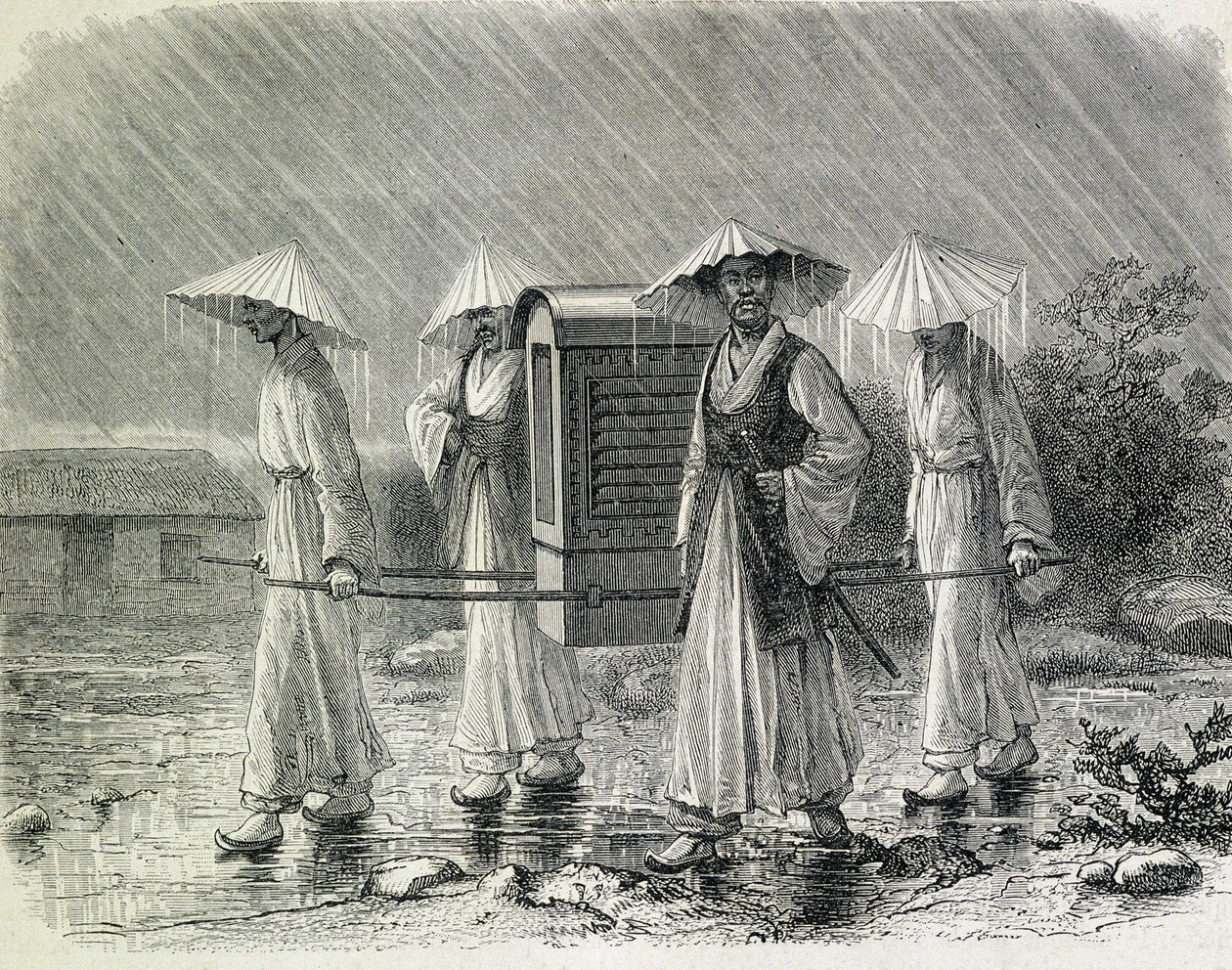 Coreens klär sig i en palankin (coreens regndräkt) som bär en stol. Illustration hämtad från "An expedition in Korea" av H. Zuber, f.d. sjöofficer (1866) - i "Tour du Monde". av French School