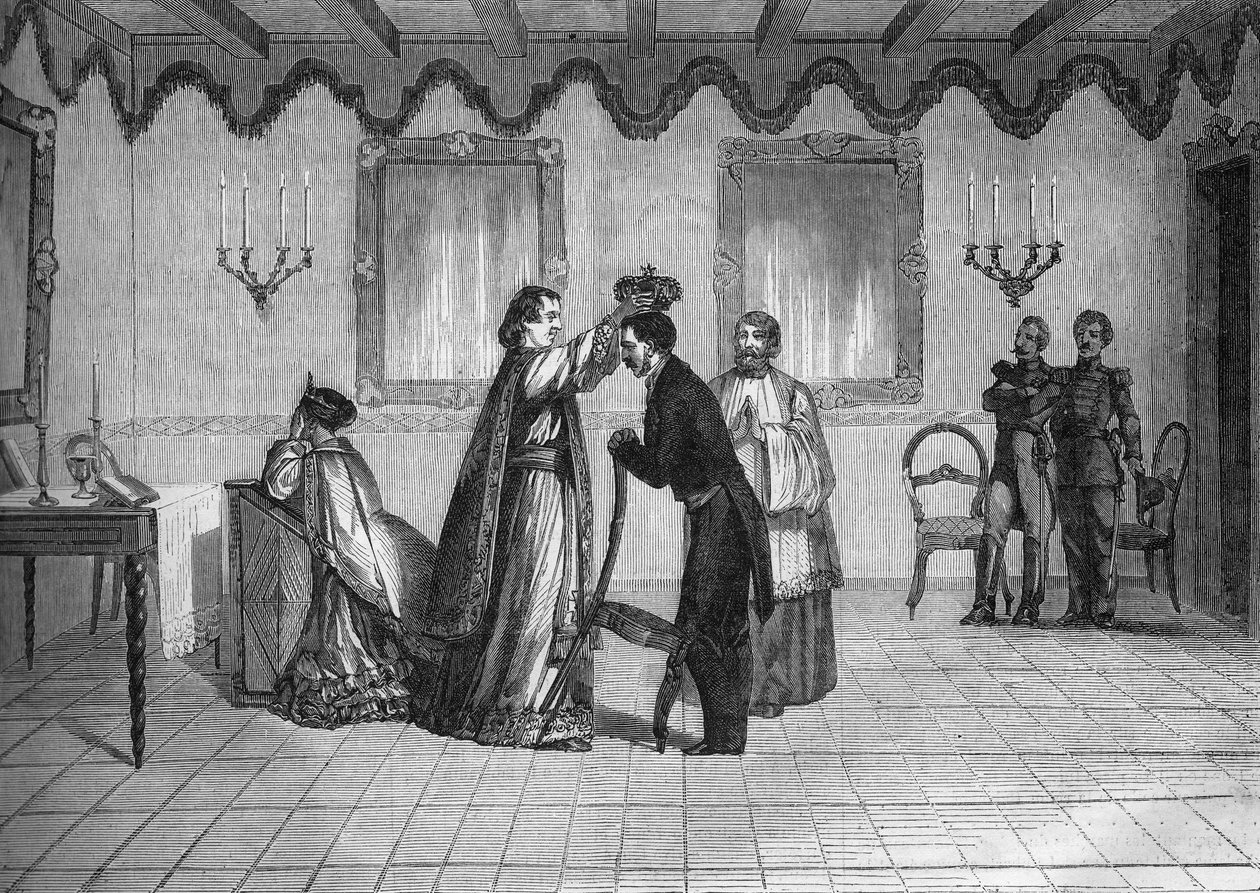 Kröning av kung Radama II av Madagaskar (1829-1863) av den franske katolske prästen Jouen av French School