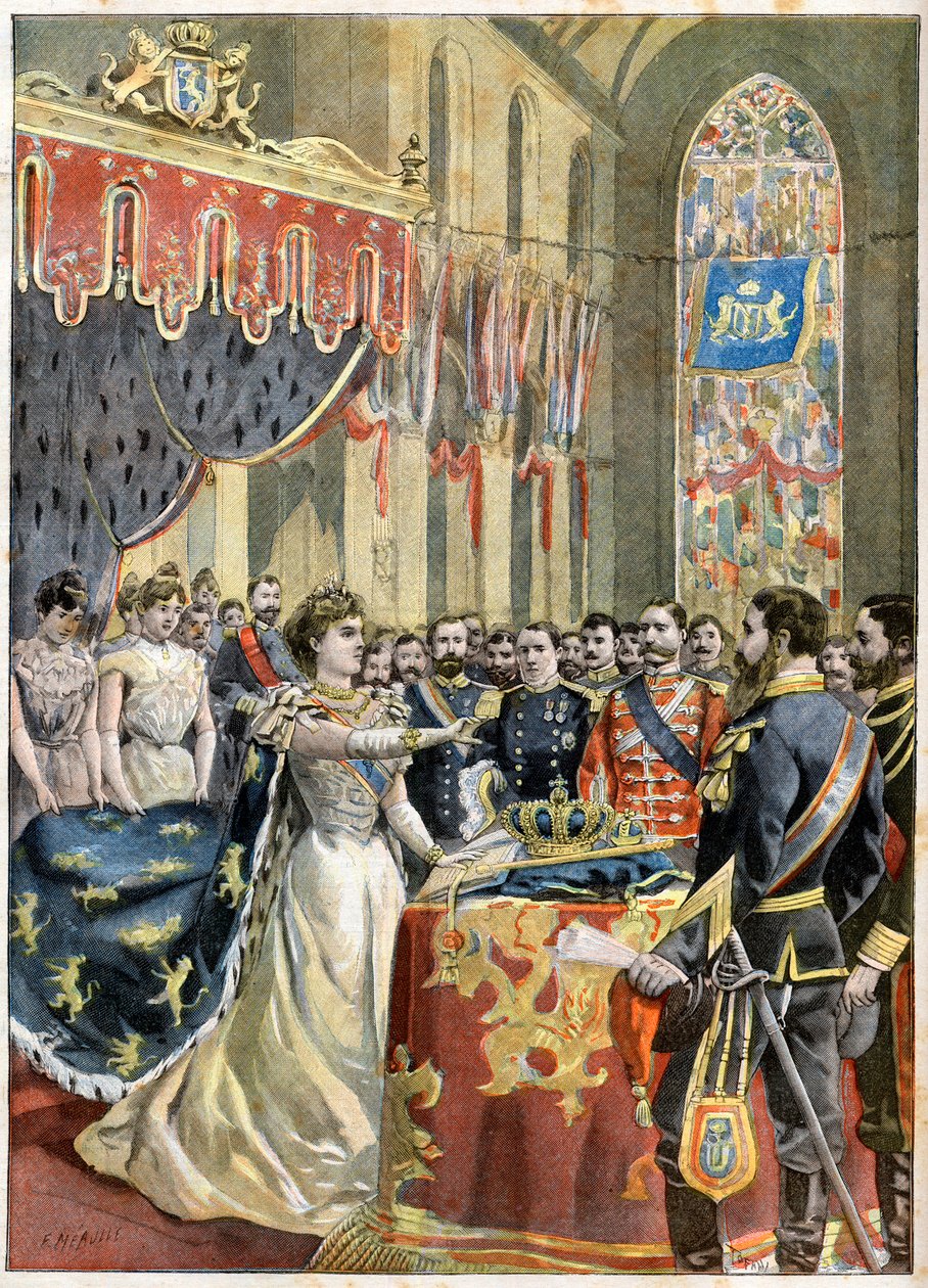Kröning av drottning Wilhelmina av Nederländerna. Kröning av drottning Wilhelmine av Holland (1880-1962) (Wilhelmina Helena Pauline Maria van Oranje-Nassau) i Nieuwe Kerk i Amsterdam - Illustration för Le petit Journal av French School