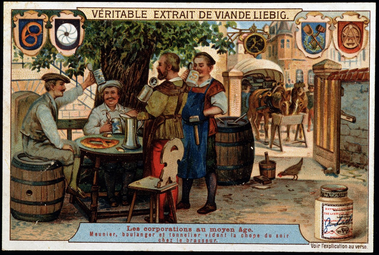Företag under medeltiden (medeltiden): mjölnare, bagare och tunnköpare som tömmer kvällsmuggen hos bryggaren. Sent 1800-tal liebig kromolitografi. av French School