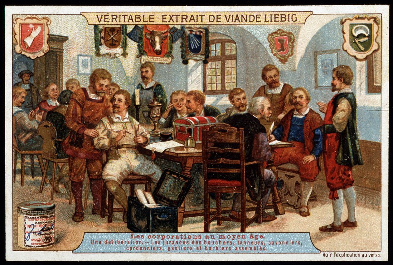 Företag under medeltiden: en överläggning av slaktare, garvare, tvålmakare, skomakare, handskar och monterade barberare - reklamvinjett Liébig, sent 1800-tal av French School