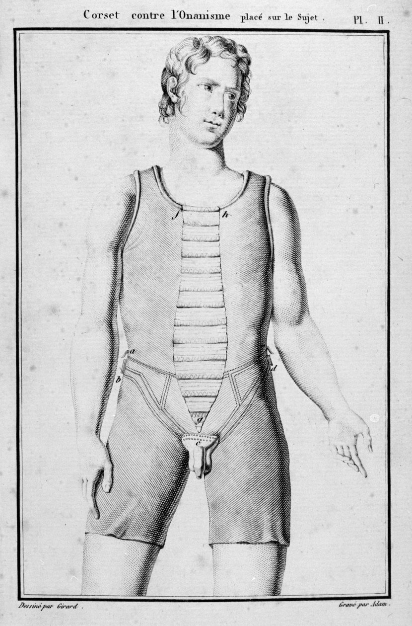 Korsett för att förhindra onanism, illustration från Traite des bandages et appliances av J.B.J. Thillaye, Paris, publicerad 1815 av French School