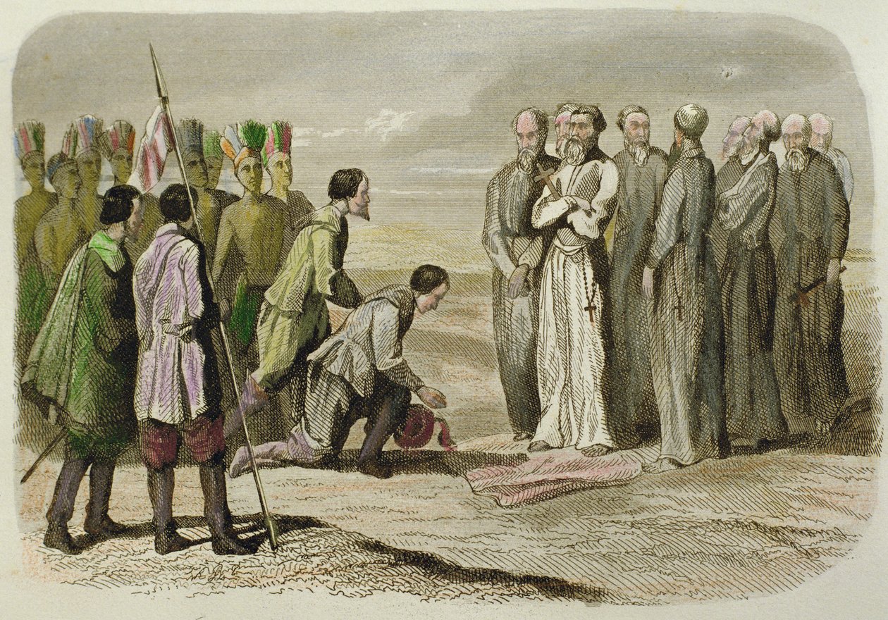 Cortes vid foten av Martin de Valencia (handfärgad gravyr) av French School