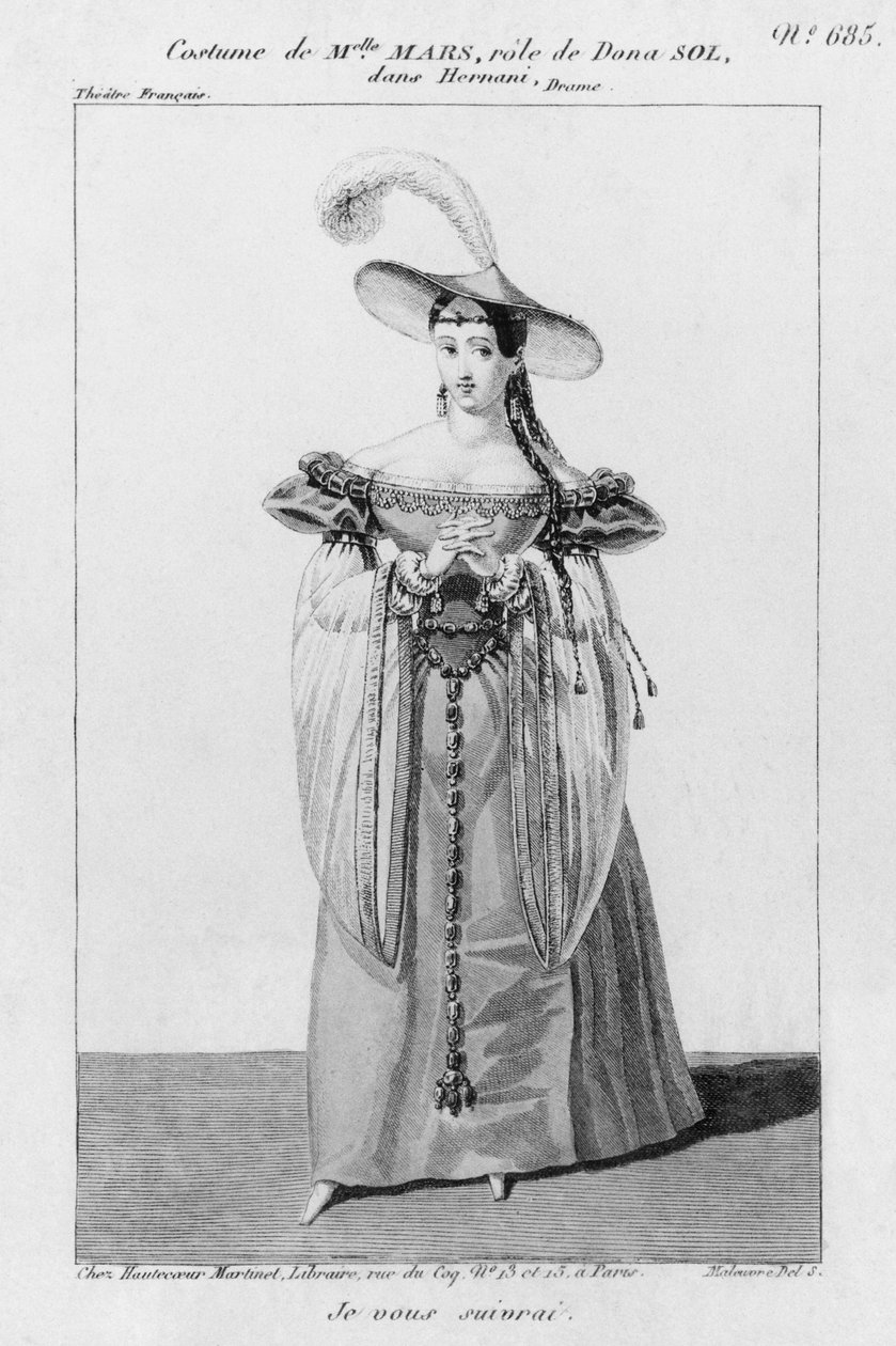 Kostymdesign för Mademoiselle Mars i rollen som Dona Sol, i "Hernani" av Victor Hugo av French School