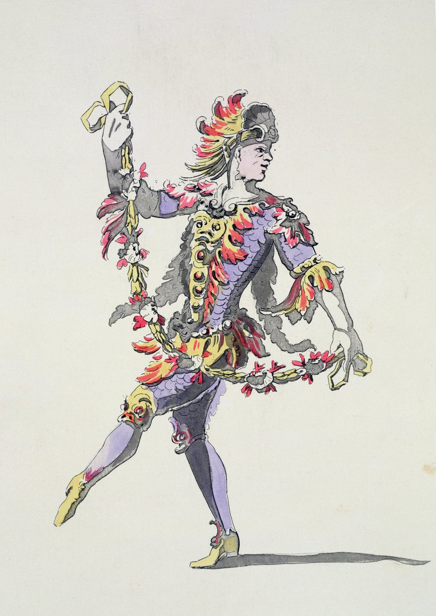 Kostymdesign för Triton, i en 1600-talsbalett, från Menus Plaisirs Collection, faksimil av A. Guillaumot Fils (färgstick) av French School