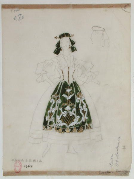 Kostymdesign för operan Cavalleria Rusticana av Pietro Mascagni (1863-1945) (penna och wc på papper) av French School