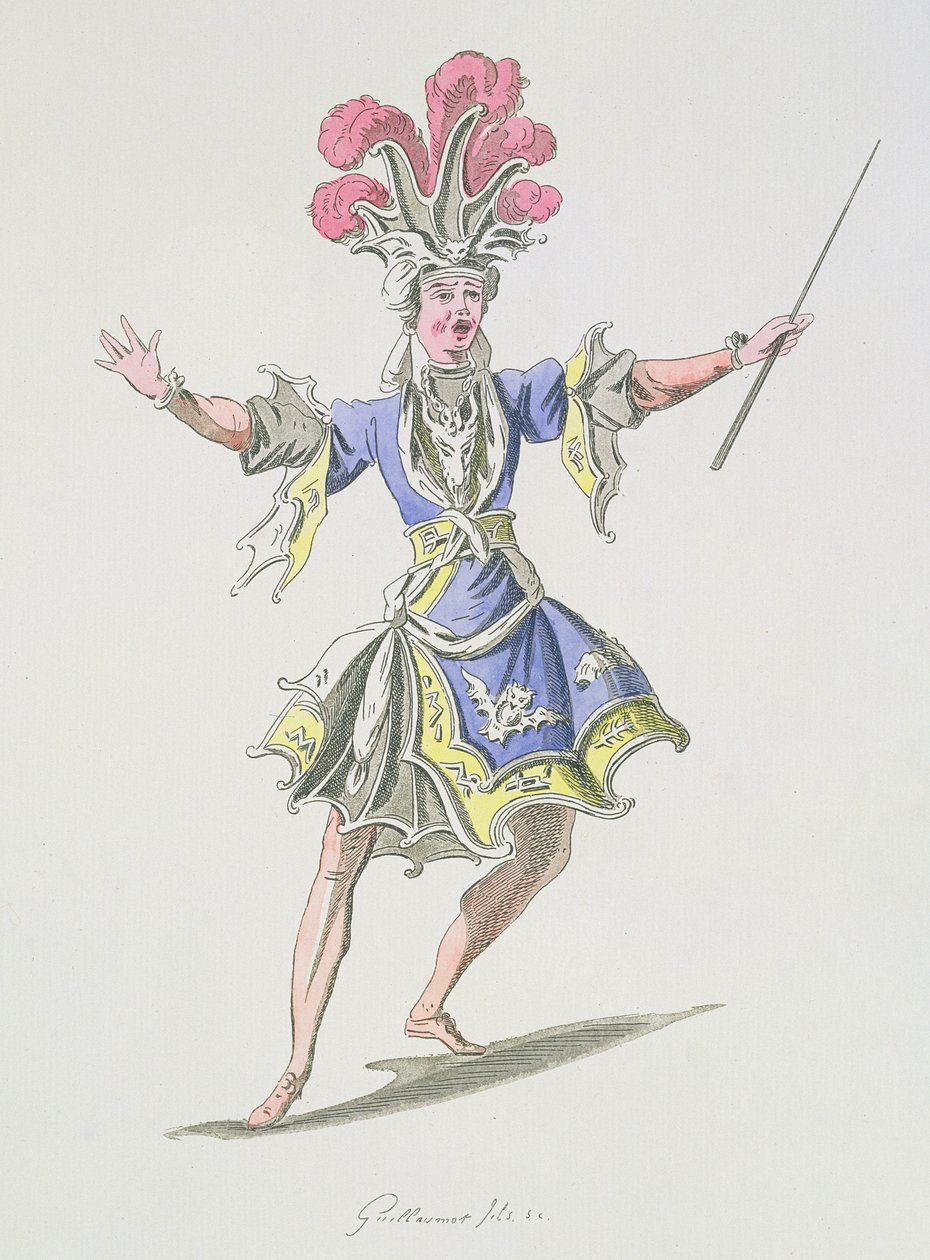 Kostymdesign för magikern, i Dardanus, ett libretto av Leclerc de Labruere, komponerat av Jean-Philippe Rameau (1683-1764) faksimil av A. Guillaumot Fils (färgstick) av French School
