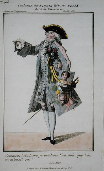 Kostym för Firmin i rollen som Felix i La Tapisserie, platta 108 från "Petite Galerie Dramatique", utgiven av Martinet, Paris. av French School