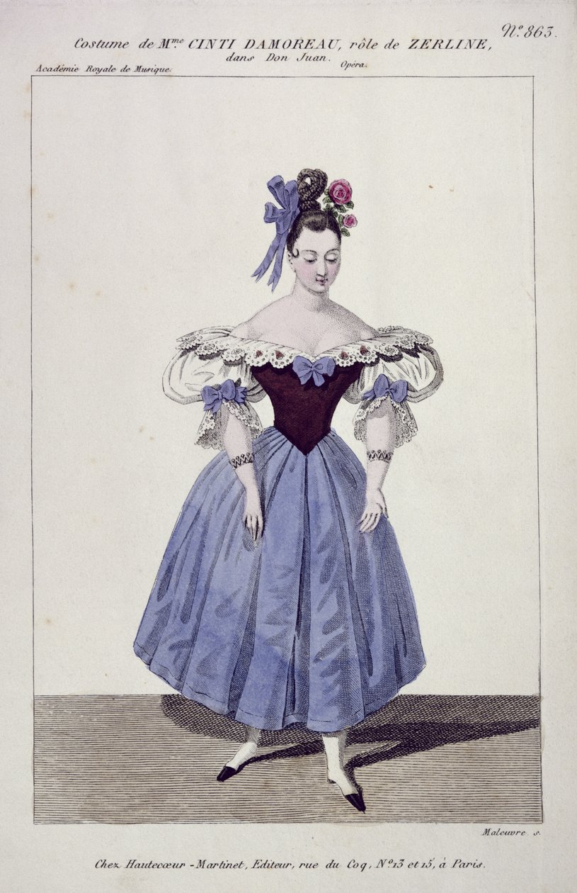 Kostym för Madame Cinti Damoreau i rollen som Zerlina i Don Giovanni, graverad av Maleuvre, tryckt av Hautecoeur-Martinet av French School