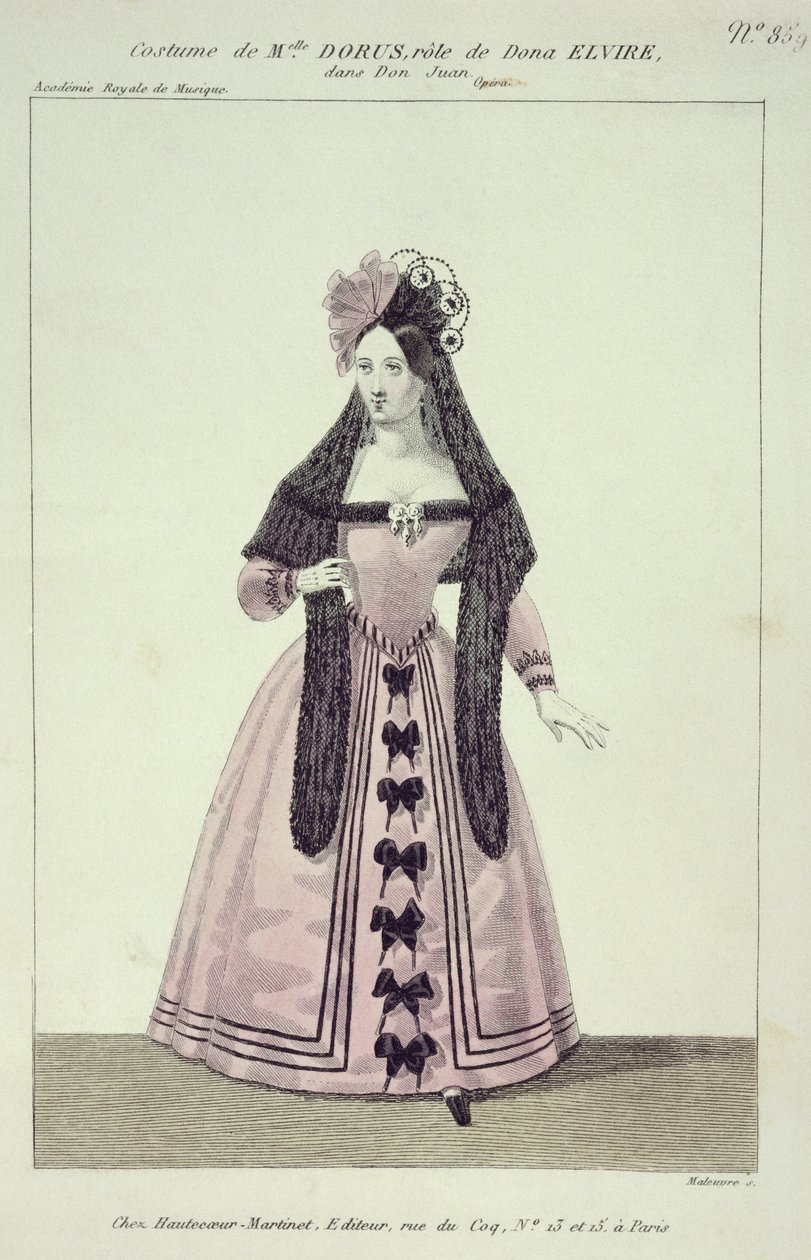 Kostym för Mademoiselle Dorus i rollen som Donna Elvira i Don Giovanni, graverad av Maleuvre, tryckt av Hautecoeur-Martinet av French School