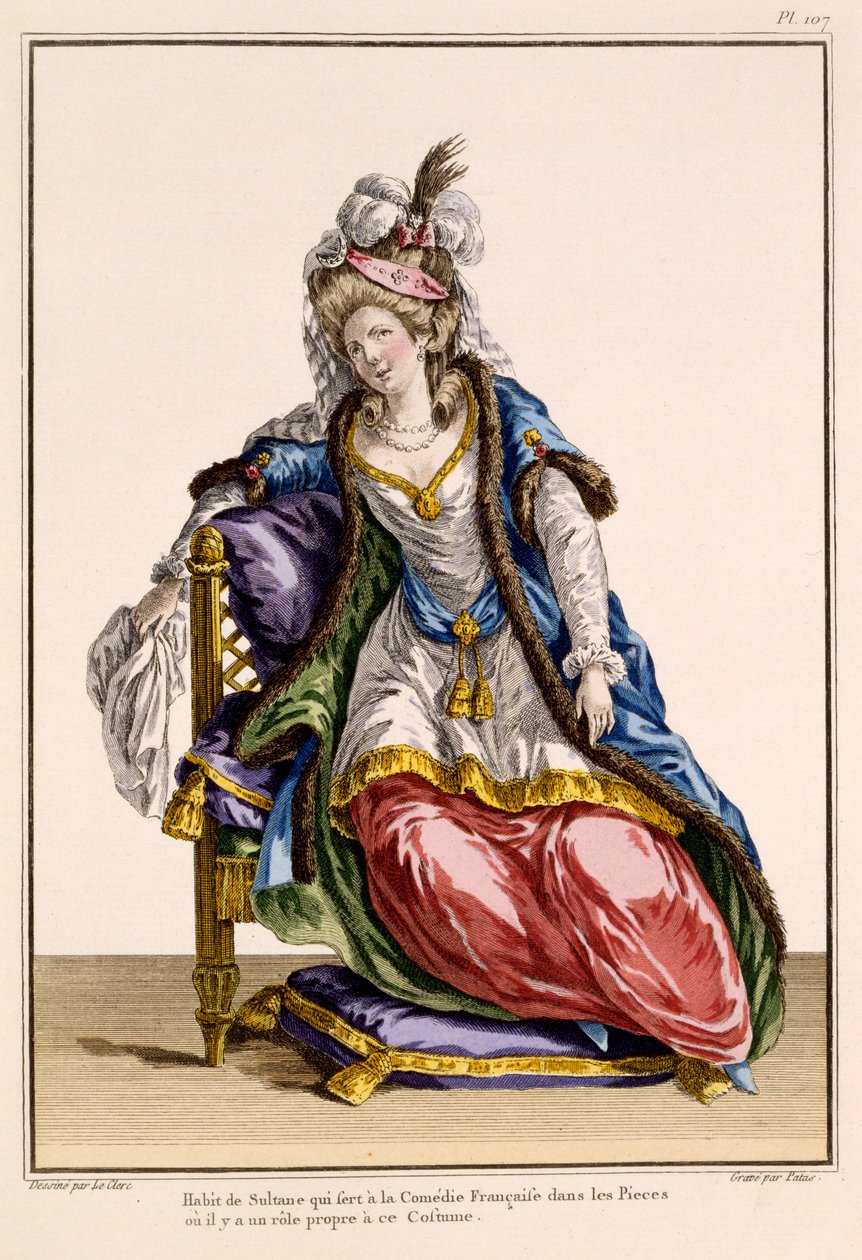 Kostym för sultanens fru i La Comedie Francaise, tryck gjord av Patus (handfärgad gravyr) av French School