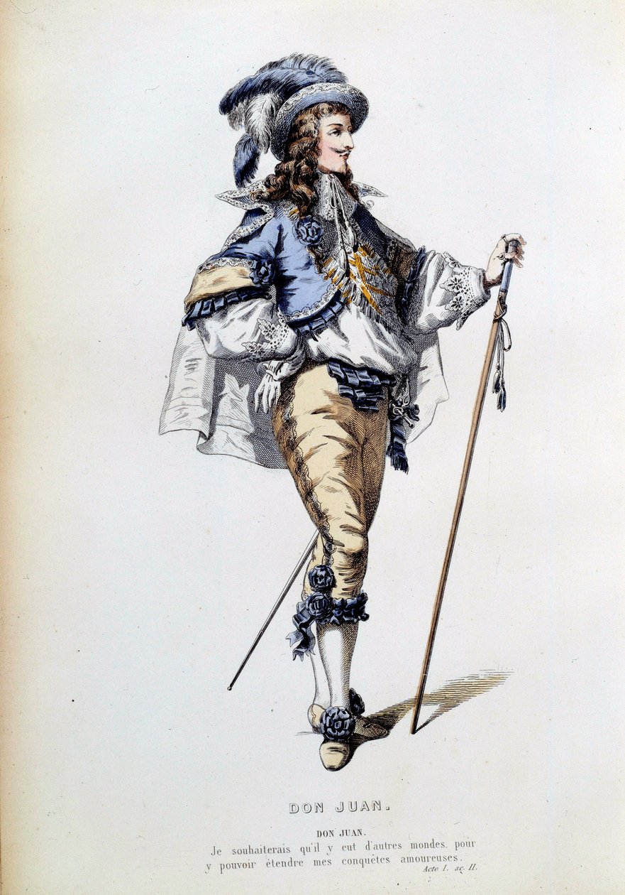 Kostym för karaktären Don Juan i scen 2 i akt I av det homonyma stycket av Jean Baptiste Poquelin dit Moliere (1622-1673). Gravyr av 1800-talets Paris, Comedie francaise av French School