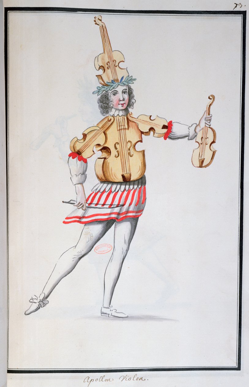 Kostym av Apollo-Violin för Ballet de la Nuit av Jean-Baptiste Lully (1632-87) dansad av Ludvig XIV, 23 februari 1653 (wc på papper) av French School