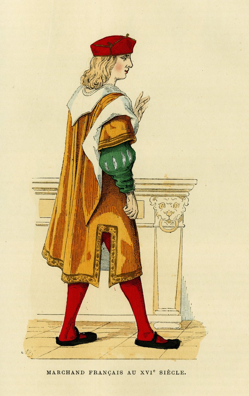 Kostym av en fransk köpman på 1600-talet.Gravyr i färg, i "France et les francais a travers les centuries" av Augustin Challamel, F.Roy editor, Paris 1882. Selva-samlingen. av French School
