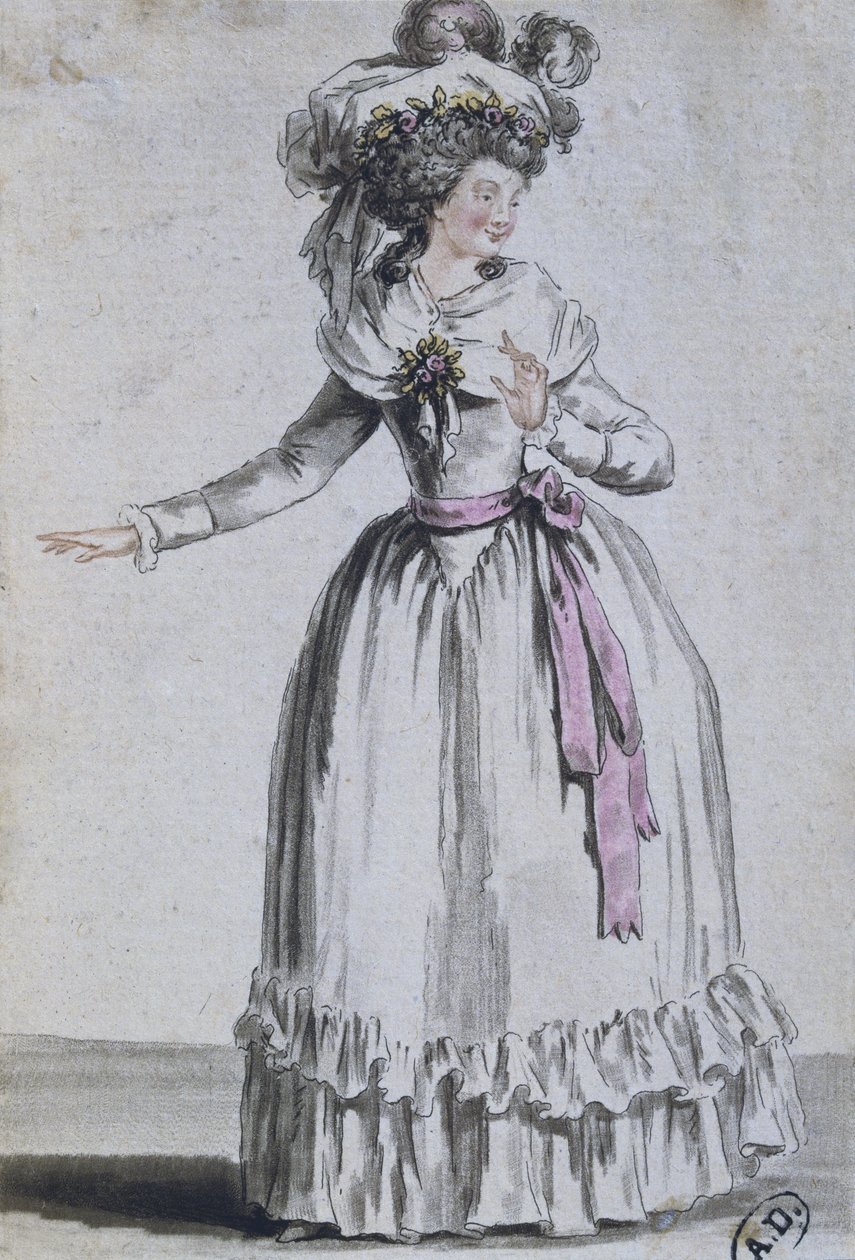 Dräkt av en skådespelerska (färggravyr) av French School