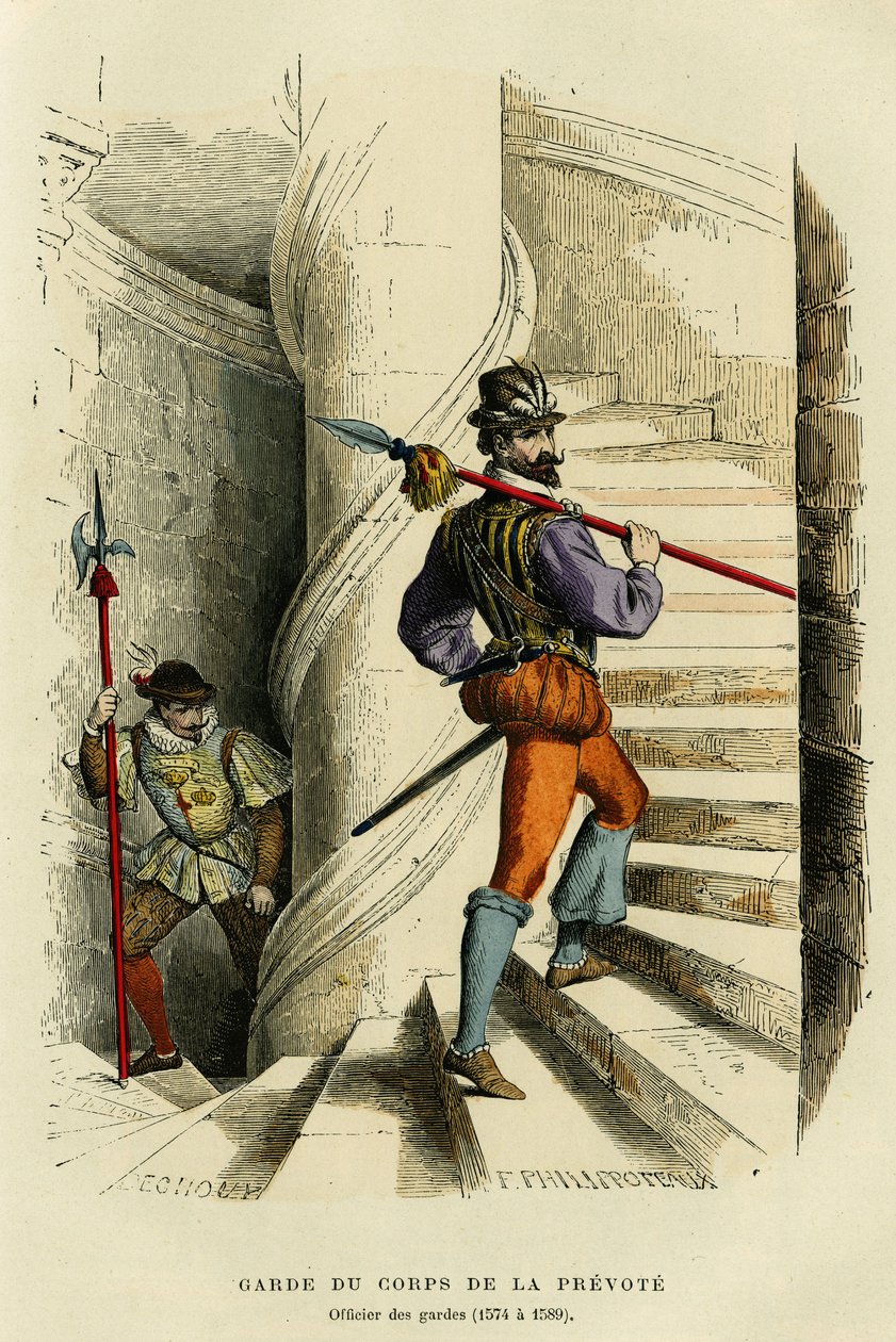 Dräkt av livvakten av prevote, följt av en officer av vakterna (1574 a 1589). Färggravyr, i "France et les francais a travers les siecles"" av Augustin Challamel, F.Roy redaktör, Paris 1882. Selva Collection. av French School